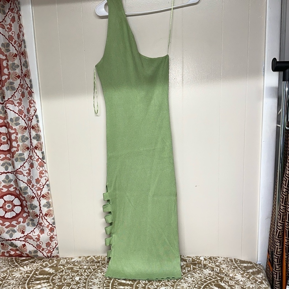 Jolie & Joy Dress Small Green One Arm Bodycon Ribbed Open Side Maxi Stretch.